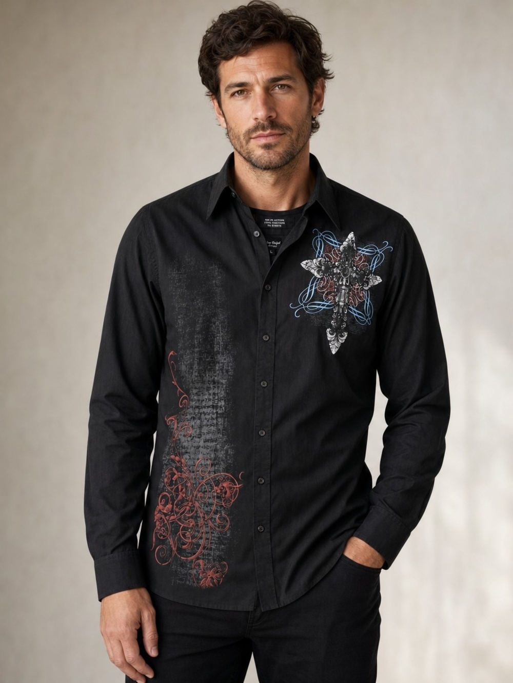 Eighty Eight Platinum Black Graphic Button Up Shirt Cross Floral Y2K Mens XL - Picture 3 of 4